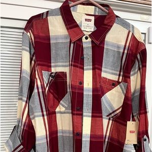 Brand New men’s dress shirt. Beautiful plaid colors. Red. Cream. Blue.